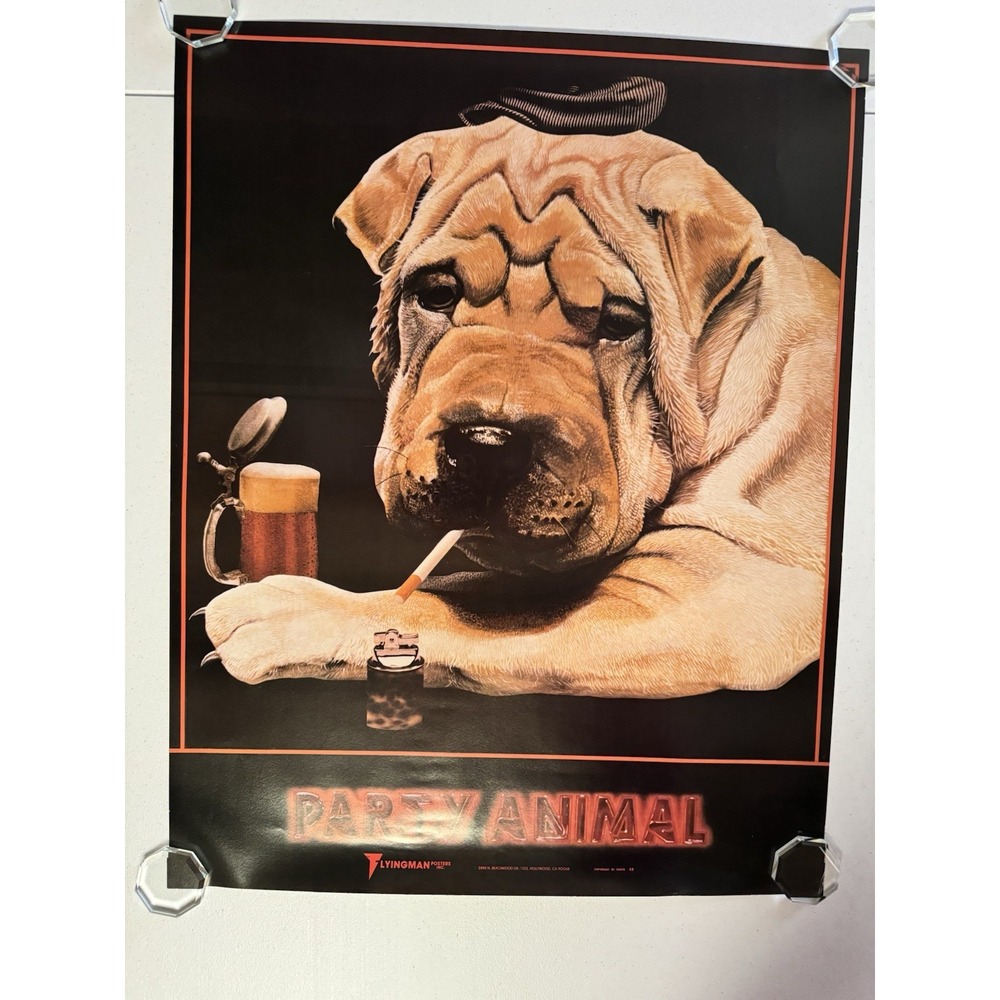 Vintage 80s 90s Party Animal Shar Pei Dog Poster 22x28 Flying Fish Posters